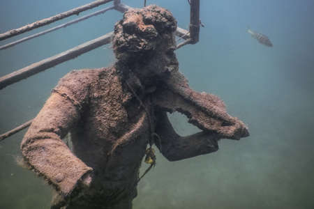 statue of a violinist while diving in a lake in the summer