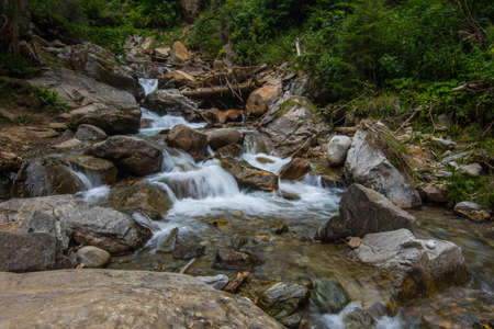 little brook with rocks in the nature while hiking in the summerの写真素材