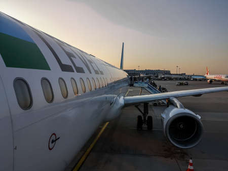 plane at the airport during entry at the departure on vacation in the summer