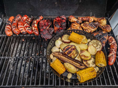 delicious grilled meat and vegetables on a grill in the summer