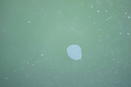 air bubble in a frozen lightgreen water from a lake in the winter