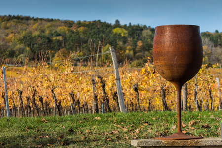 large rusty glas made of steel in vineyards in colorful autumnの写真素材