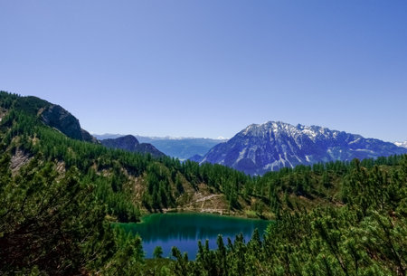 high mountains with some snow and a mountain lake with reflection in the summerの写真素材
