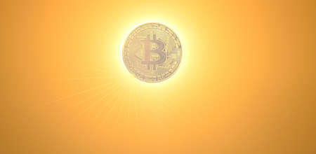 bitcoin instead of a bright sun with sunbeams orange sky panorama viewの写真素材