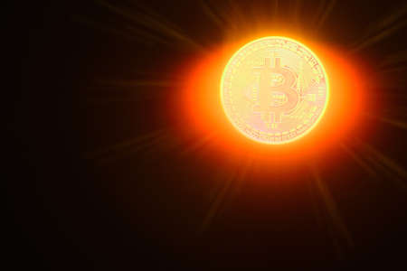 bright glowing bitcoin instead a sun with radiation and rays on black backgroundの写真素材