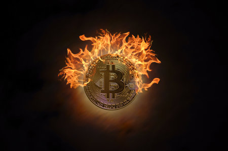 dark sky and burning hotbitcoin with flamesの写真素材