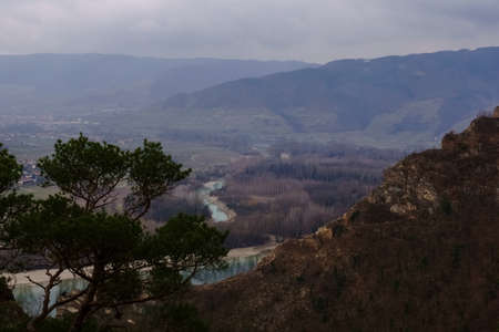 view to the blue danube villages and mountains in springの写真素材