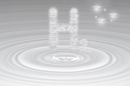 silver h2 hydrogen letters at gray waves in clear water with a drop in the middle