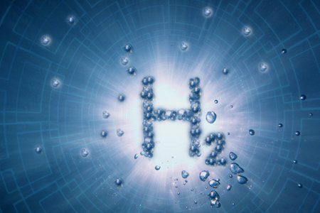 blue h2 underwater_structure and bubbles with sunrays in blueの写真素材