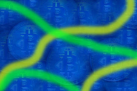 valueable many blue bitcoin crypto currency with blue background and yellow green stripesの写真素材