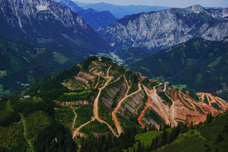 ore mountain with many terraces and roads in styria austria detail viewの写真素材