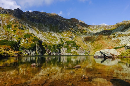gorgeous colors at a mountain lake in the summer of austriaの写真素材