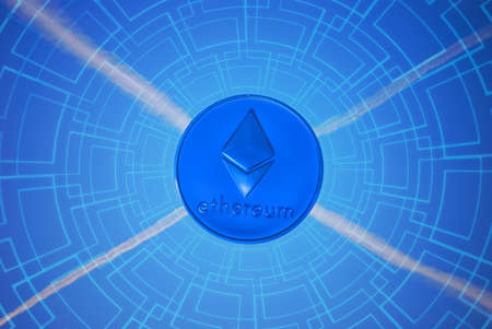 cross from contrails and a technology pattern with a blue valueable ether coinの写真素材