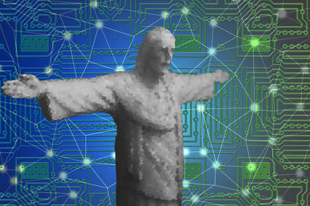 gray jesus statue with a facet effect and a blue network background like metaverseの写真素材