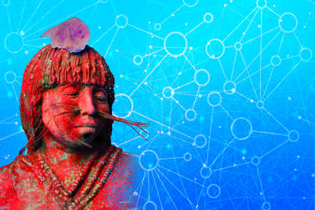 metaverse with a red maja sculpture and a blue networkの写真素材