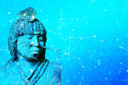 metaverse with a blue maja sculpture and a blue networkの写真素材