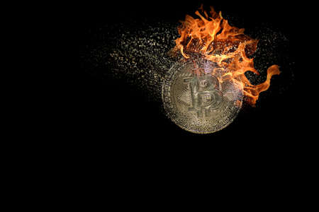 single valueable burning decomposes and dissolves bitcoin from crypto currency with black background