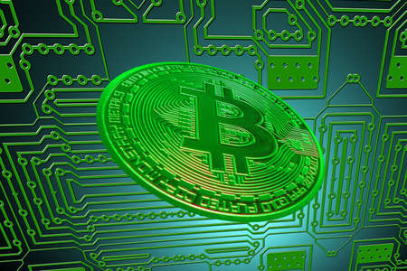 green circuit board and a valueable green bitcoin from crypto currency oblique view