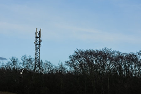 high antenna between trees on a hill with a forest and blue skyの写真素材