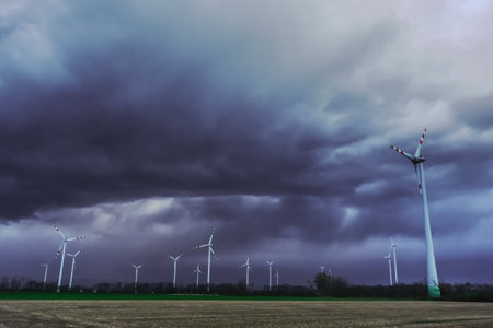 dark dense storm and rain clouds with lot of windmills for clean energyの写真素材