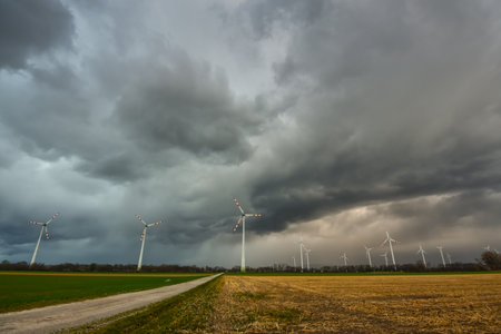 dark black rain clouds with lot of windmills and a dirt road between fieldsの写真素材