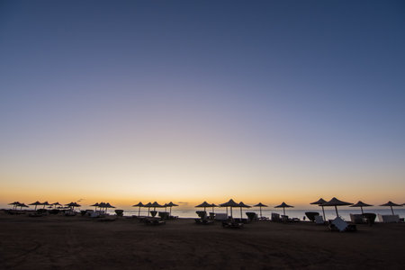 amazing colors during sunrise at the beach with with lot of umbrellas and sunbeds in egyptの写真素材