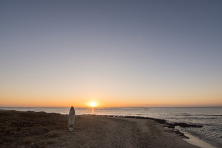windsurfing board stacking in the sand from the beach and a warm sunrise at the horzion from the seaの写真素材