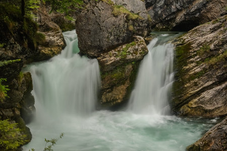 incredible double waterfall with a basin named strumboding waterfall in upper austria detail viewの写真素材