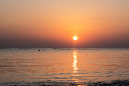 warm bright shining sun at the red sea with reflections in the water during sunrise in egyptの写真素材