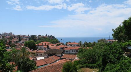 Oldtown of Antalya, the Famous red Rooftops and the Mediteranian Seaの写真素材
