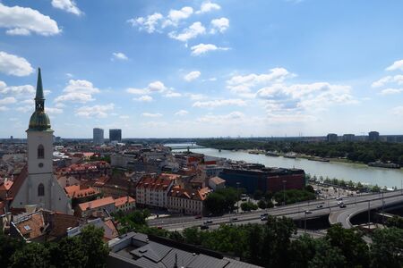 Bratislava city with St. Martins Cathedral and Danube river, Slovakiaの写真素材