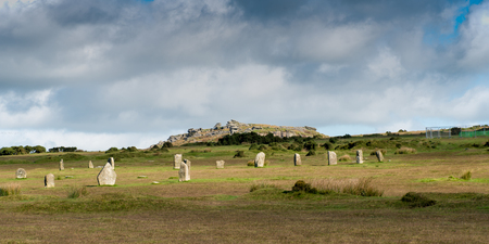 Hurlers Stone Circle with Stowe's Hill and the Cheesewring near Minions in Bodmin Moor in Cornwall.の写真素材