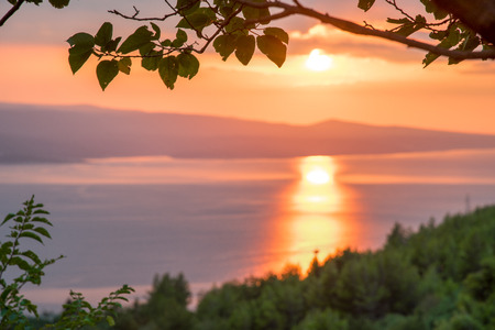 Sunset reflection in the sea near Baska Voda on the Makarska Riveria with the island Brac in the Background. Boat crosses the reflection. Focus on the leaves in the foreground.の写真素材