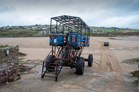 Sea tractor, used as a ferry through the shallow waters at hight tide between Burgh Island and the mainland when the connencting causeway is submerged.の写真素材