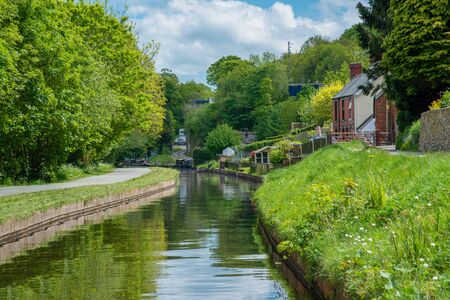Scenic canal view of the Llangollen Canal near Pontcysyllte, Wales,UKの写真素材