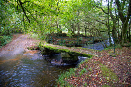Henon Bridge, a clapper bridge over the river Camel near St Breward in northern Cornwall UK.