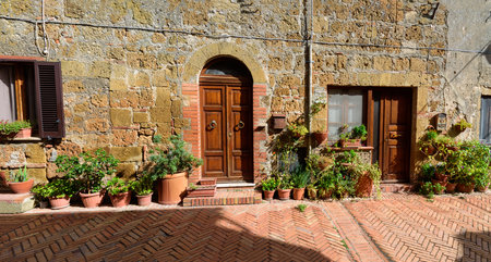 Street view with typical houses and potted flowers in Sovana. Sovana is a small town in the province...