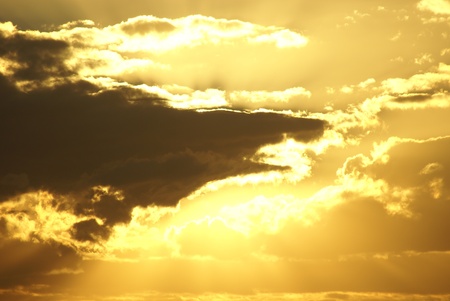 A cloudscape picture of the sky, lit golden by the sun 