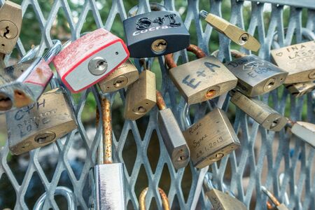 oslo, Norway - July 21, 2017: Love locks on a bridge near Norwegian National Academy of Fine Artsのeditorial素材