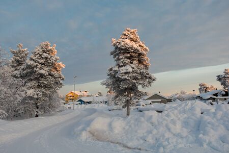 Kiruna, Sweden- February 5, 2018: Suburb in the town Kiruna that is in the far north of Swedenのeditorial素材