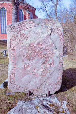Runestone in Strangnas cemetary dated to around 1000 A. D.の写真素材