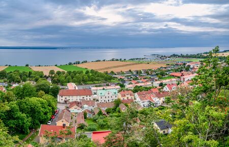 The town of Granna in Sweden from Granna mountain with Lake Vattern and Visings island in the horizonの写真素材