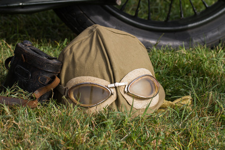 Military motorcyclist helmet and glassesの写真素材
