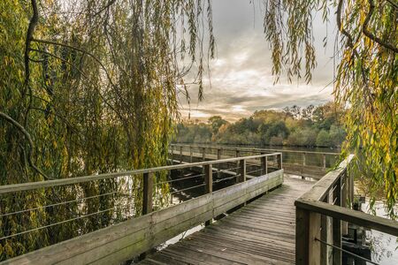 Footbridge on the Erdre river in autumn (Nantes, France)の写真素材
