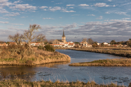 Ile d'Olonne bell tower seen from the salt marshesの写真素材