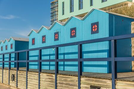Blue cabins of the Saint-Gilles Croix de Vie large beach (Vendee, France)のeditorial素材