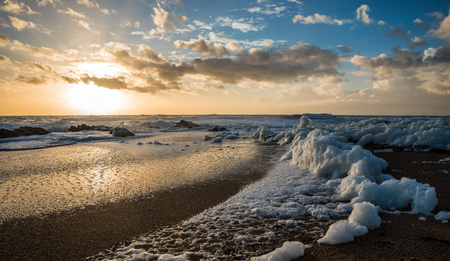 Sea foam  on the beach at sunset