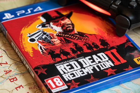 NANTES, FRANCE - OCTOBER 26, 2018: Red Dead Redemption 2 game release for PS4 on October 26,2018. in Nantes, France.のeditorial素材