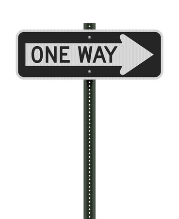 Vector illustration of the One Way horizontal right arrow road sign on metallic green post (easily editable to left arrow)のイラスト素材