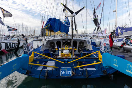 LES SABLES D'OLONNE, FRANCE - OCTOBER 19, 2020: Manuel Cousin boat (Groupe Setin) on the Vendee...